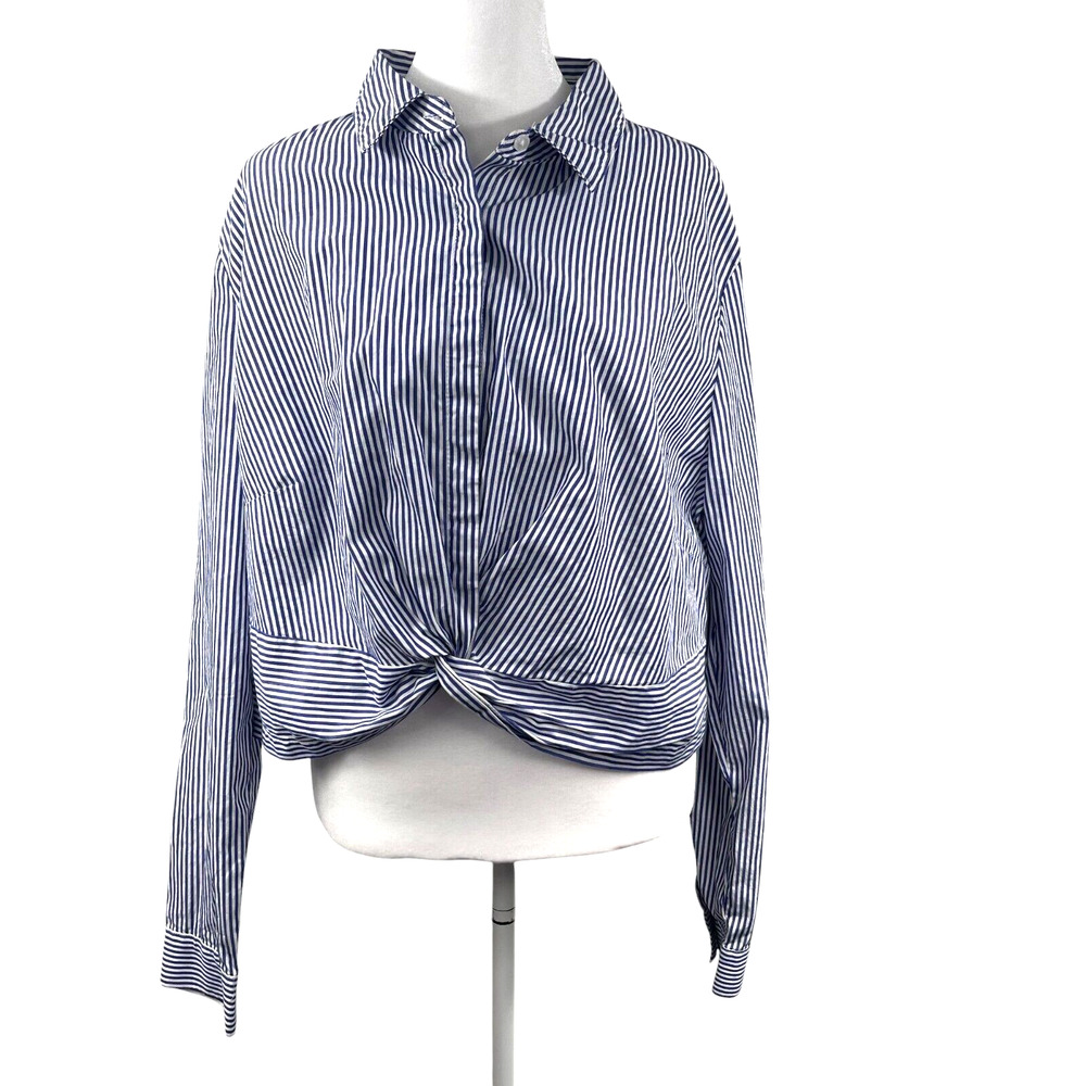Seersucker Cropped Shirt Sz XL Blue Striped Summer Beach Front Twist Office